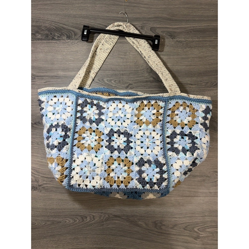 Handmade Crochet Granny Square Large Reversible Tote Bag Boho Hippie Blue Brown